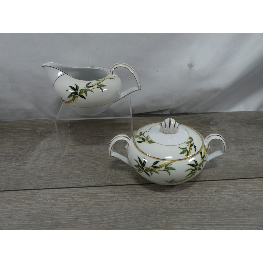 Kent China Bali Hai Creamer & Lidded Sugar Bowl Set White Green Gold Bamboo